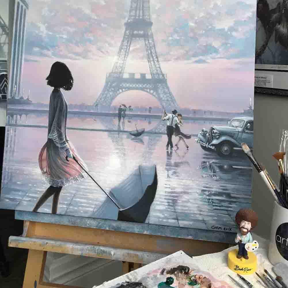 In studio pic of Lost Moment in Paris painting by artist Carm Dix