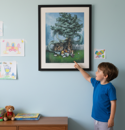 Child pointing at a framed picture of