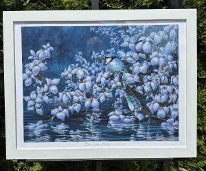 happy buyer shows framed art print of Blue Jay Blues