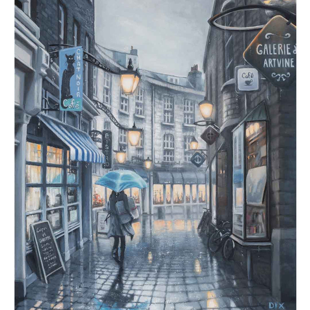 
                      
                        Paris street scene in rain -painting by artist Carm Dix
                      
                    