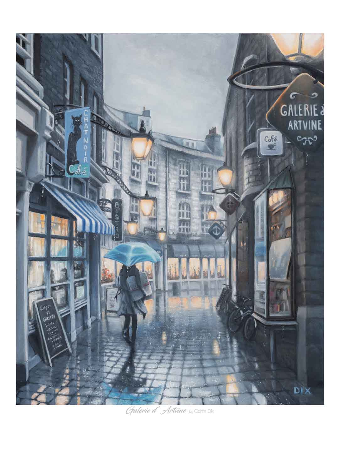 Paris street scene in rain -painting by artist Carm Dix