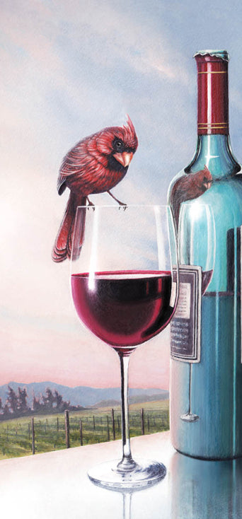 Wine connoisseur or just a curious cardinal on a glass of wine.  Art print based on the original watercolour painting by artist Carm Dix