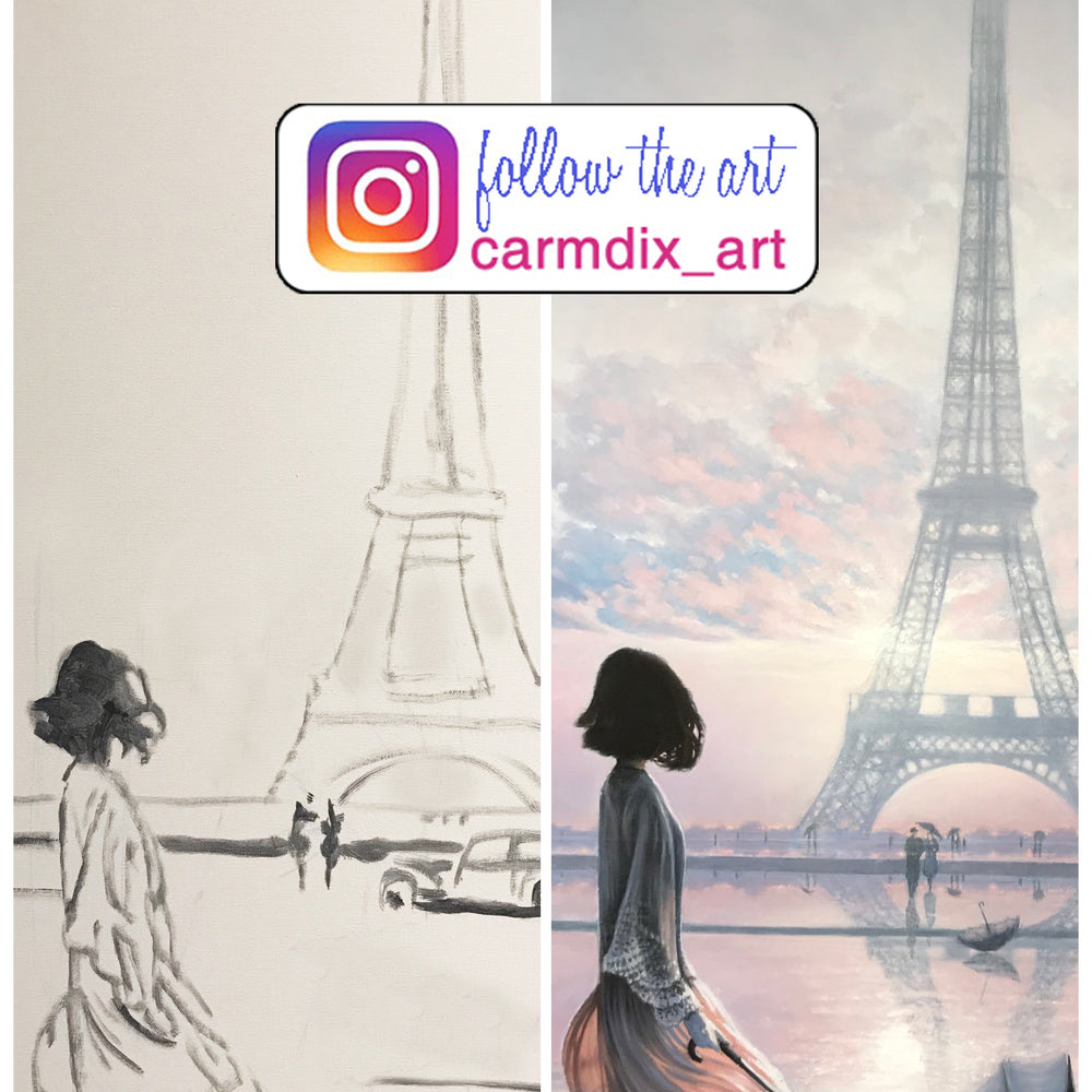 before and after work in progress of Lost Moment in Paris oil on canvas painting by artist Carm Dix