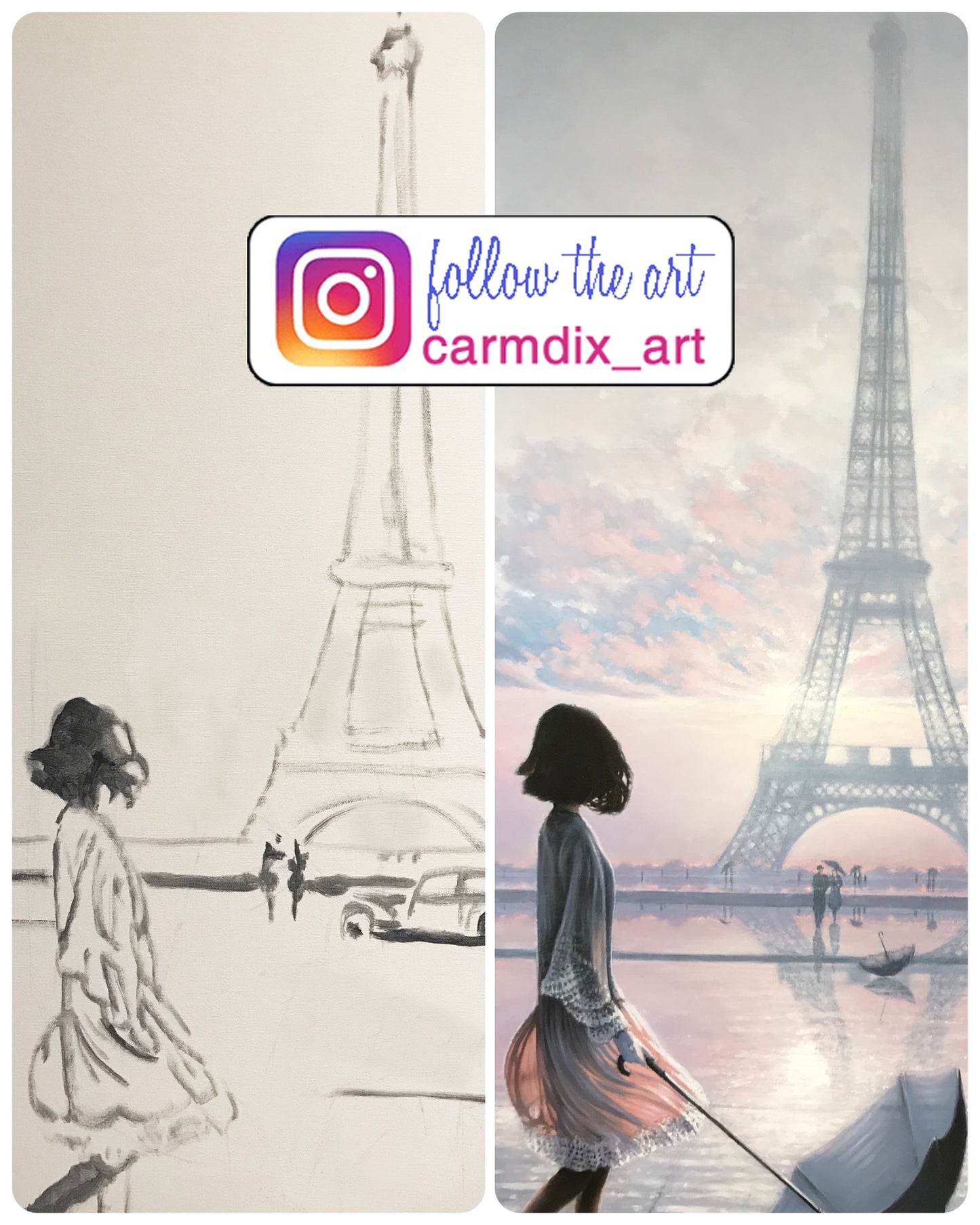 before and after work in progress of Lost Moment in Paris oil on canvas painting by artist Carm Dix