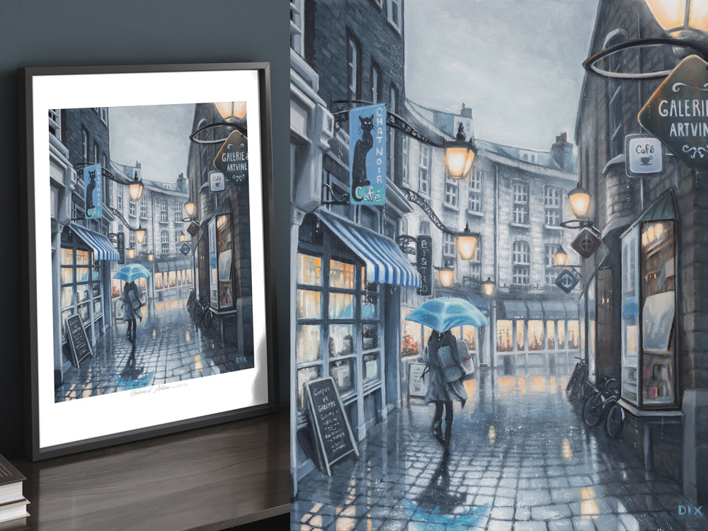 A woman rushes home out of the rain with her recent gallery purchase in Galerie d' Artvine art prints based on the original oil on canvas painting by artist Carm Dix