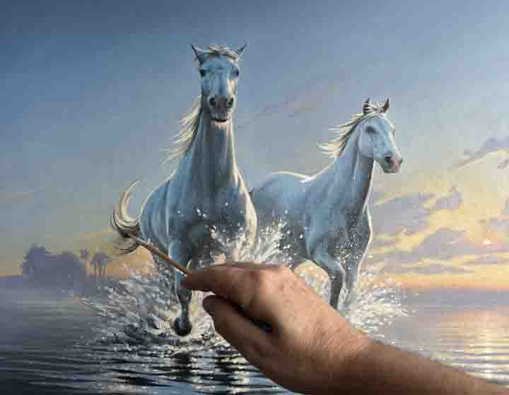Hand holding a paintbrush with two white horses running in water and a sunset sky.