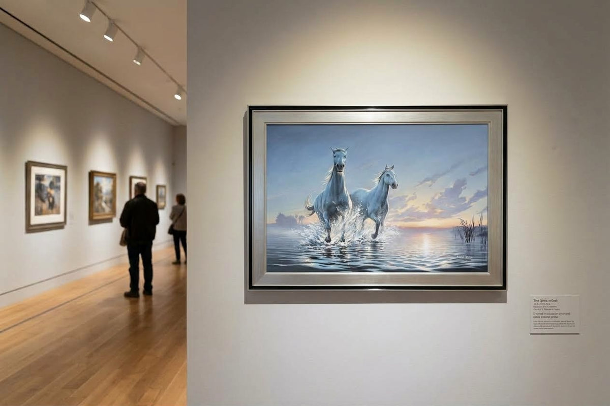 A framed painting of two white horses running through shallow water at sunset, displayed on a gallery wall in an art museum with visitors visible in the adjacent hallway.
