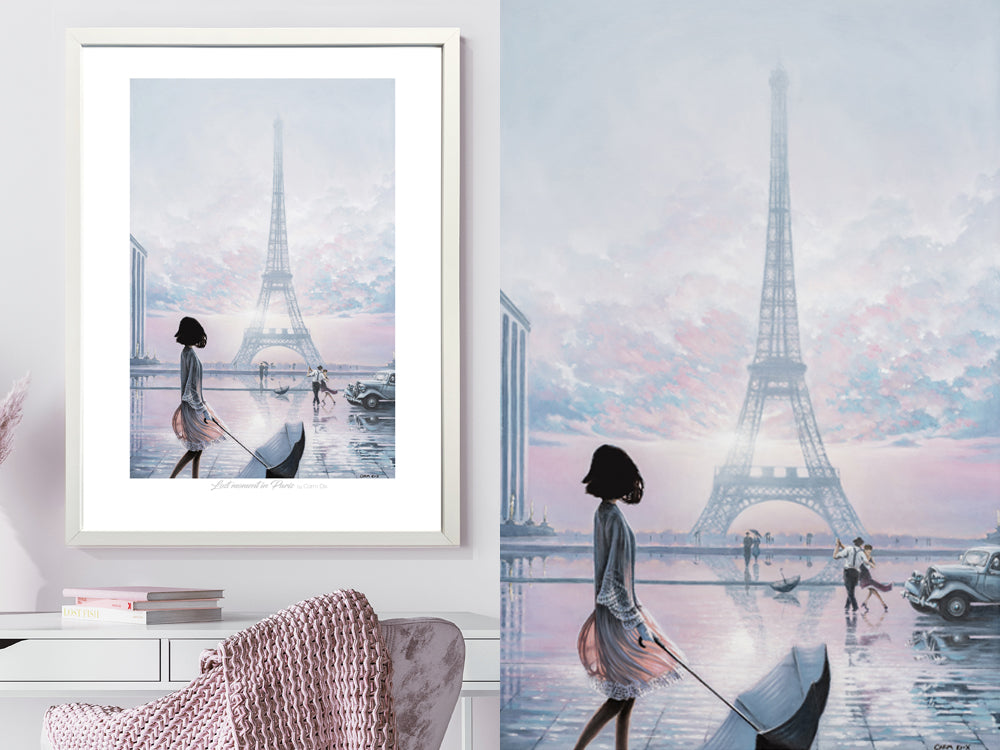 Lost Moment in Paris art print shown framed and unframed in this art print based on the original oil on canvas painting by artist Carm Dix