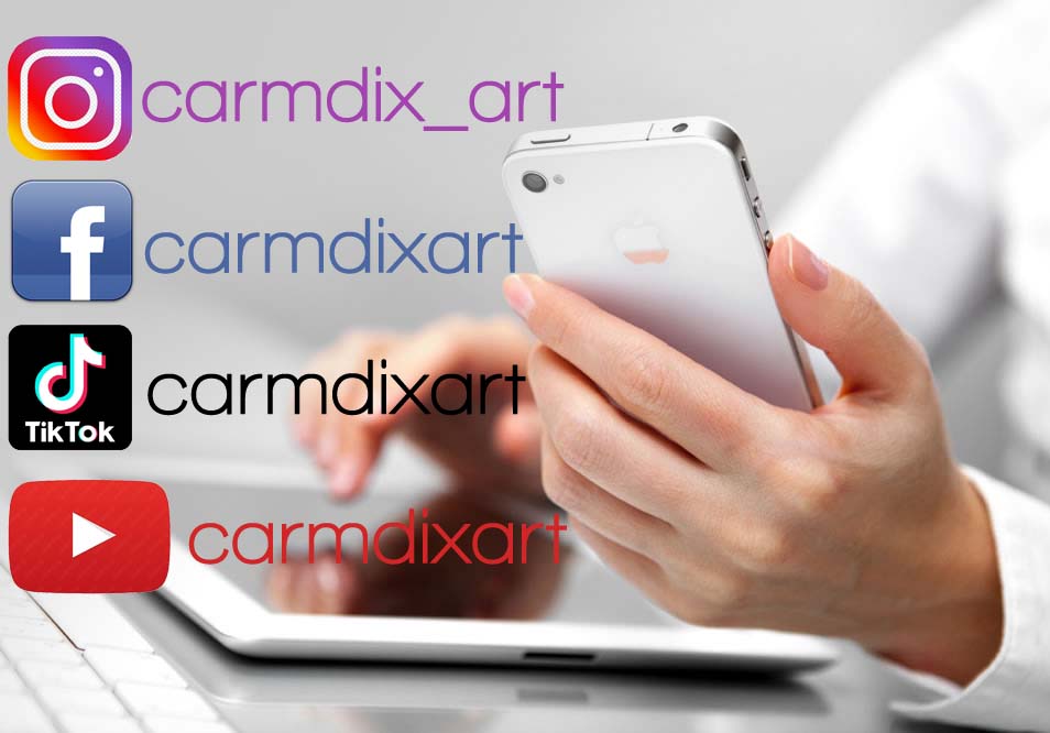 A person holding a white smartphone in one hand and touching a tablet with the other, with social media handles and logos for Instagram, Facebook, TikTok, and YouTube overlaid on the left side. The brand name 'carmdixart' appears next to each platform icon.