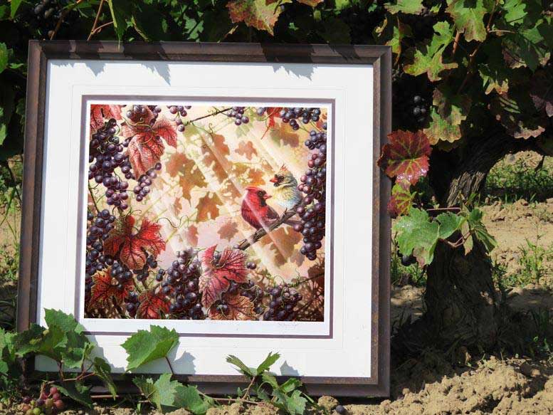 Niagara Red watercolour painting framed in vineyard setting